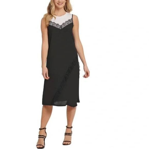 NWT DKNY Mixed-Media Midi Dress medium Lace Colorblock black white party - Picture 2 of 16